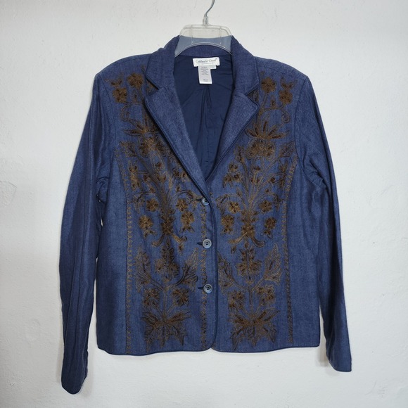 Coldwater Creek Jackets & Blazers - Coldwater Creek Blazer L Blue Bronze Embroidered Beaded Cotton Herringbone